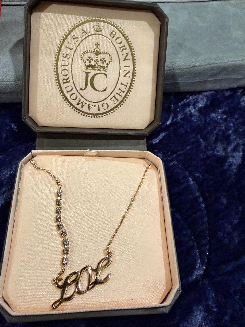 Juicy Couture Gold Script "Love" Necklace with Crystal Accents